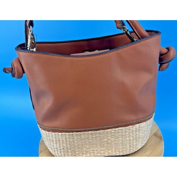 Nanette Lepore Reese Bucket Rattan Bottom Vegan Leather Bag Purse Brown/Tan - Picture 11 of 14
